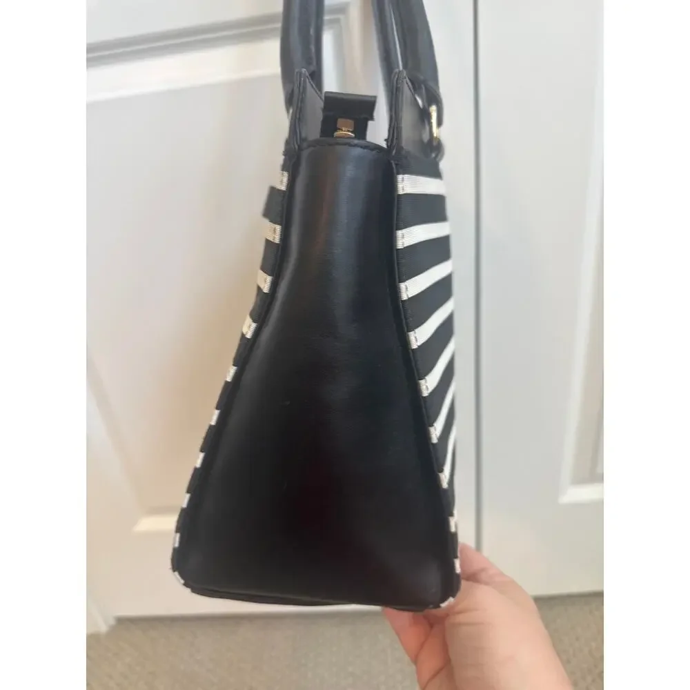Kate Spade Black Leather with Black and White Striped Shoulder Tote Bag